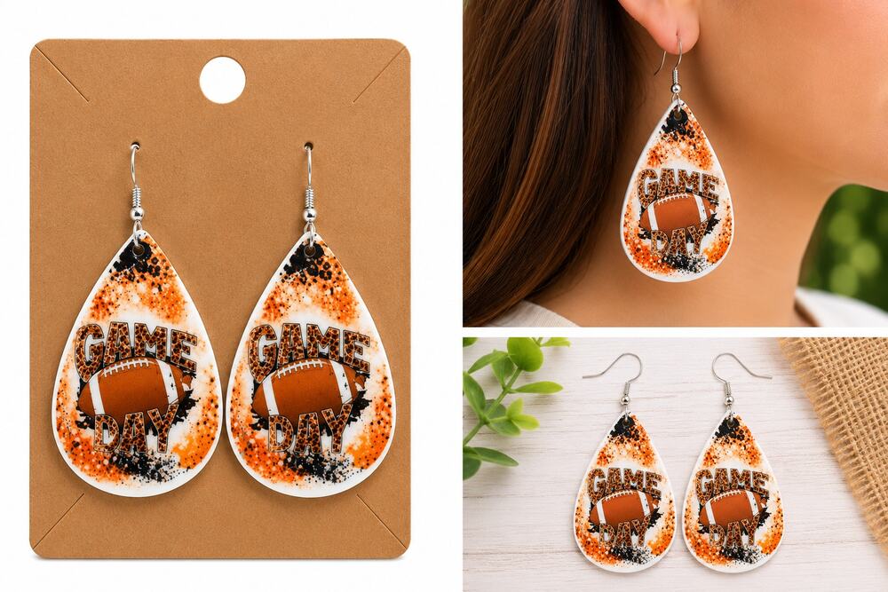 Game Day Football Teardrop Dangle Earrings – Orange & White Sports Fan Jewelry